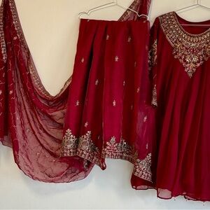 Elegant Red Embroidered Dress Set
